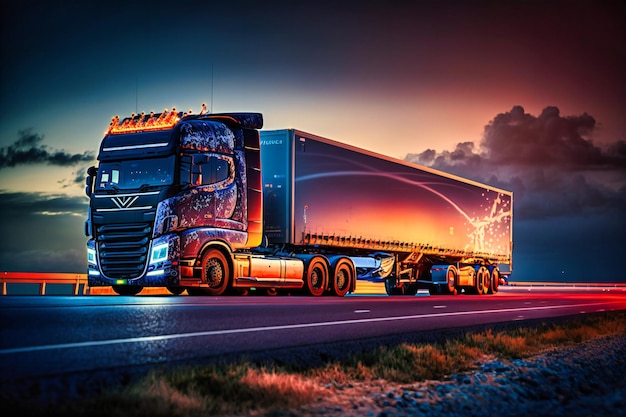 European truck carries cargo on motorway embraced by beautiful dusk