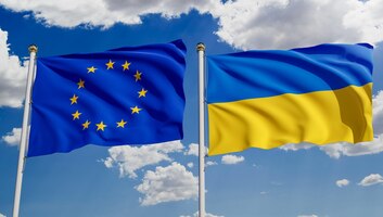 european union and ukrainian flags over blue sky concept of diplomacy agreement international relations trading business between eu and ukraine 3d rendering