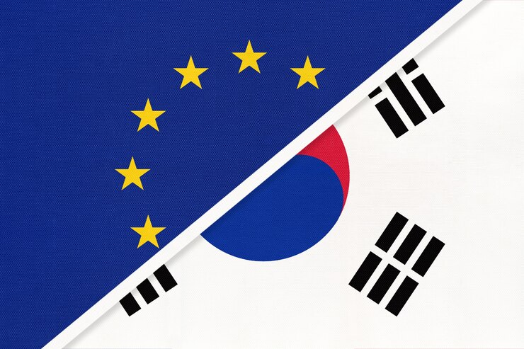 유럽 연합 또는 EU 및 한국 또는 섬유의 국기.