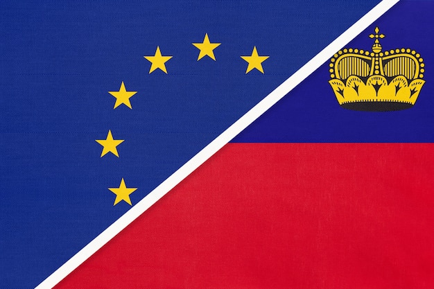 European Union or EU vs Principality of Liechtenstein national flag from textile.