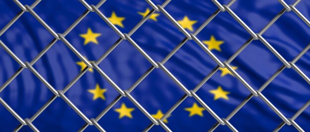 European Union flag behind a steel wire mesh 3d illustration