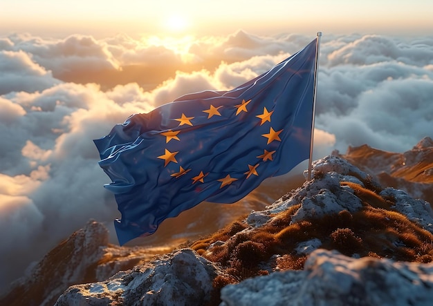 European union flag waving atop a mountain peak at sunrise symbolizing hope and unity stunning cloudscape backdrop AI