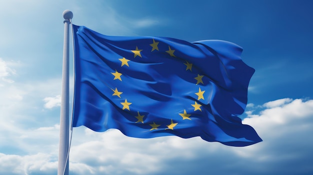 European Union Flag waving in the blue sky 3D Rendering Generative AI