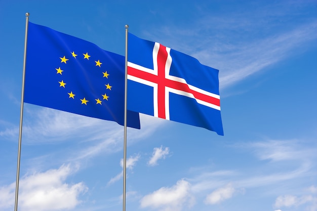 European Union and Iceland flags over blue sky background. 3D illustration