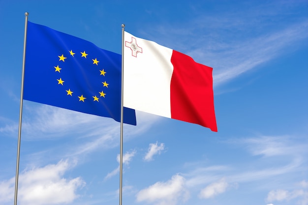 European Union and Malta flags over blue sky background. 3D illustration