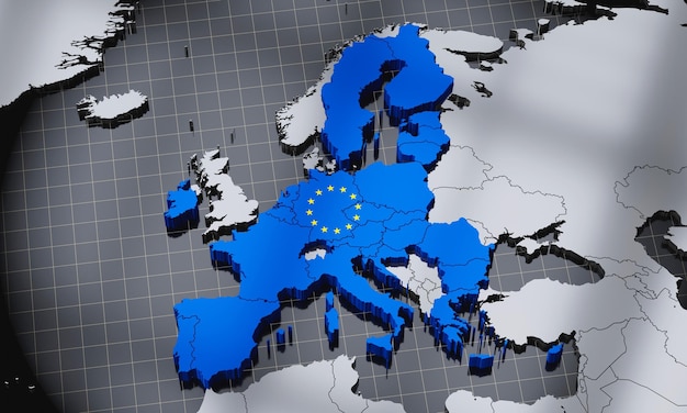 Foto mappa dell'unione europea e illustrazione 3d della bandiera