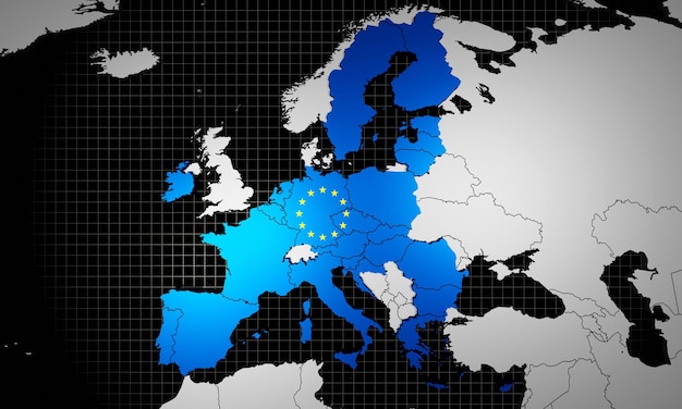 Foto mappa dell'unione europea e illustrazione 3d della bandiera