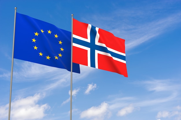 Bandiere dell'unione europea e della norvegia sopra il fondo del cielo blu. illustrazione 3d
