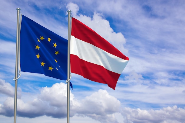 European Union and Republic of Austria Flags Over Blue Sky Background 3D Illustration