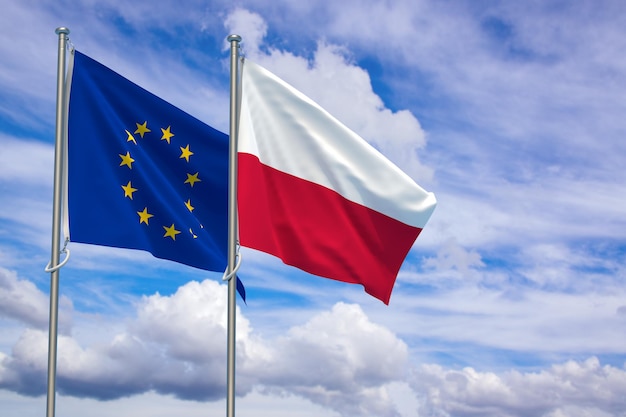 European Union and Republic of Poland Flags Over Blue Sky Background 3D Illustration