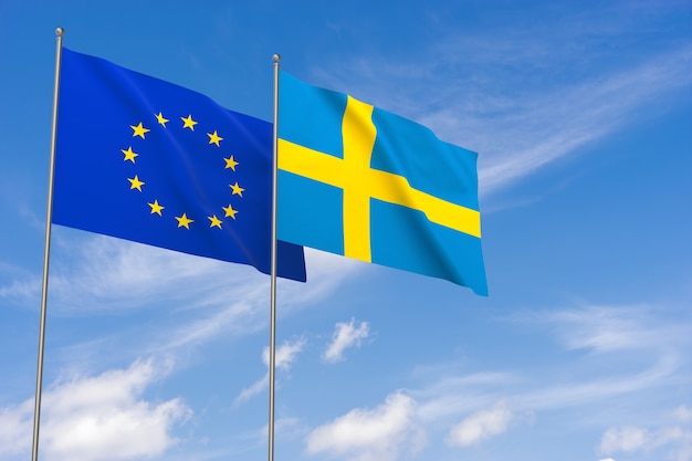 青空の背景に欧州連合とスウェーデンの旗。 3Dイラスト