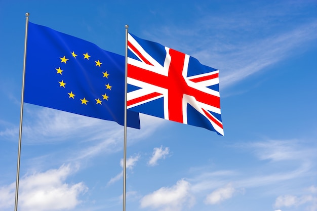 European Union and United Kingdom flags over blue sky background. 3D illustration