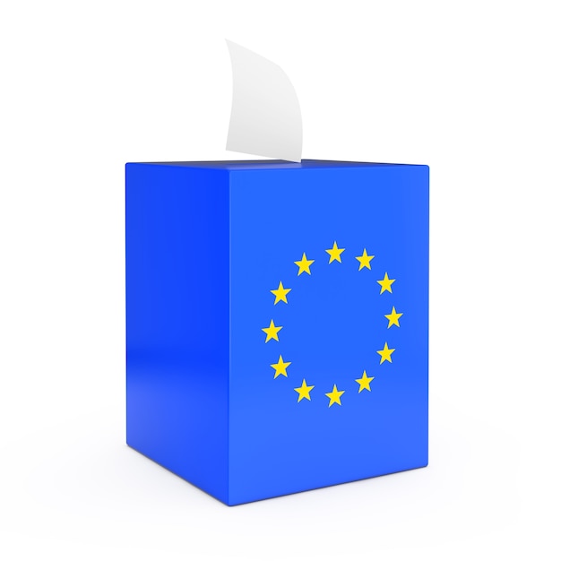 유럽 연합 투표 개념입니다. 투표 용지는 흰색 배경 3d 렌더링에 유럽 연합 국기와 함께 투표 상자에 빠진다