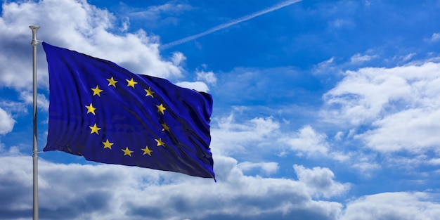 푸른 하늘 3d 그림에 깃발을 흔들며 유럽 연합