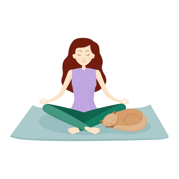 european woman and cat meditate on mat in lotus position flat vector illustration practicing yoga