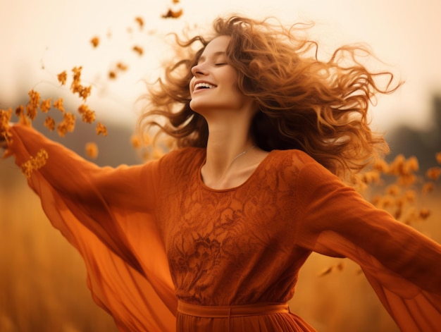 European woman in emotional dynamic pose on autumn background