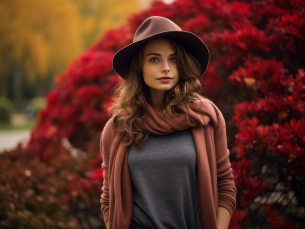 European woman in emotional dynamic pose on autumn background