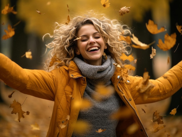 European woman in emotional dynamic pose on autumn background