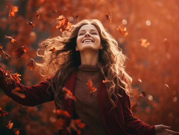 European woman in emotional dynamic pose on autumn background