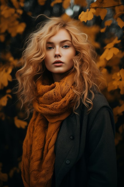 European woman in emotional dynamic pose on autumn background