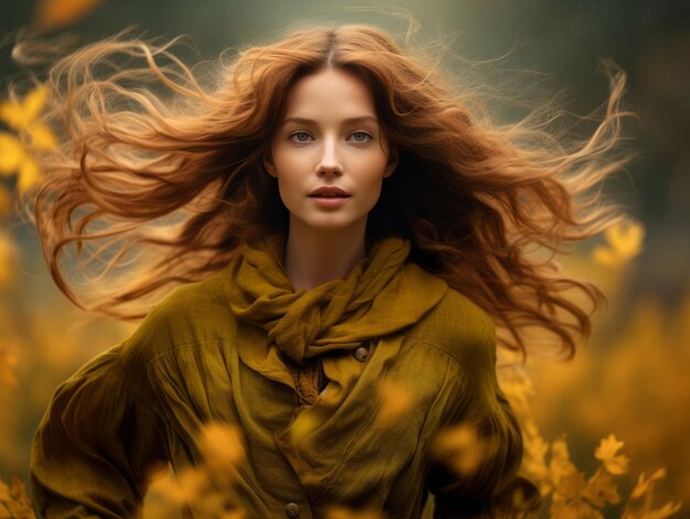 European woman in emotional dynamic pose on autumn background