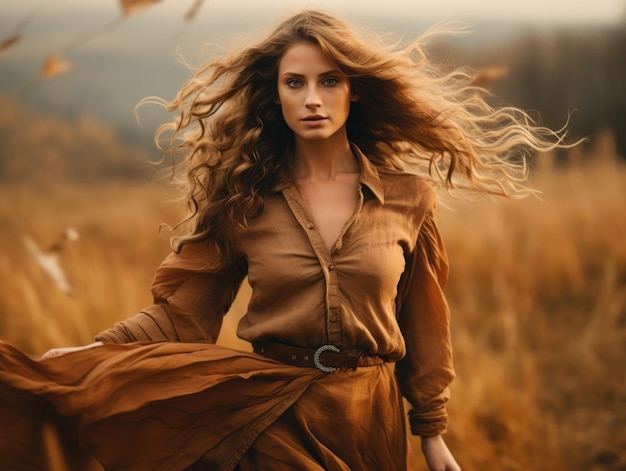 European woman in emotional dynamic pose on autumn background