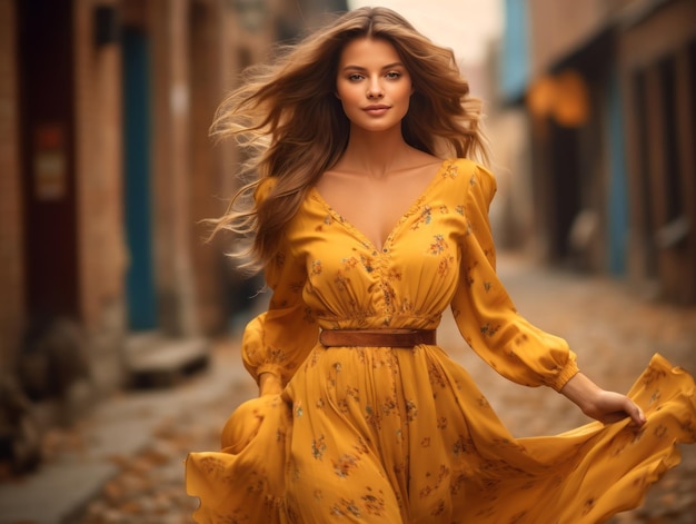 European woman in emotional dynamic pose on autumn background