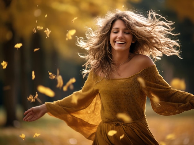 European woman in emotional dynamic pose on autumn background