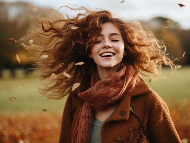 European woman in emotional dynamic pose on autumn background