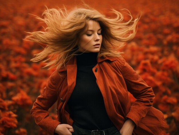 Photo european woman in emotional dynamic pose on autumn background