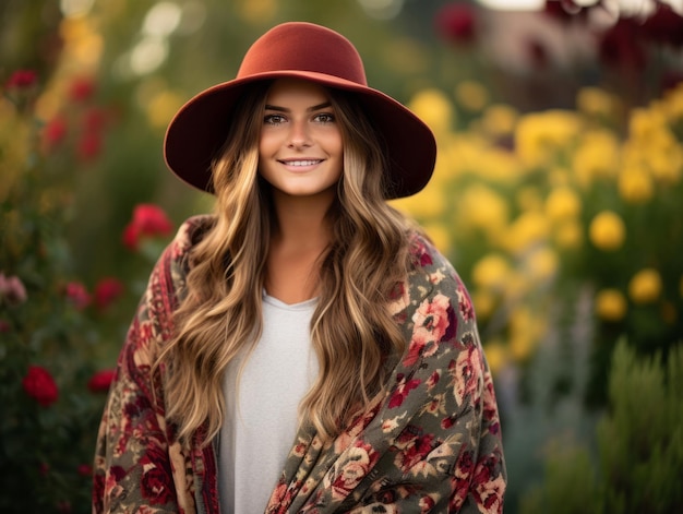 European woman in emotional dynamic pose on autumn background