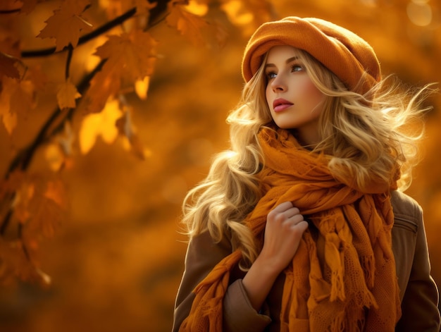 European woman in emotional dynamic pose on autumn background