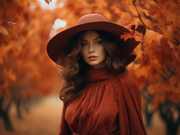 European woman in emotional dynamic pose on autumn background