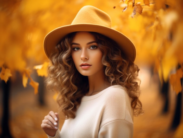 European woman in emotional dynamic pose on autumn background