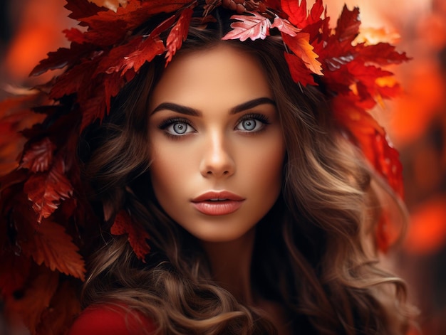 European woman in emotional dynamic pose on autumn background