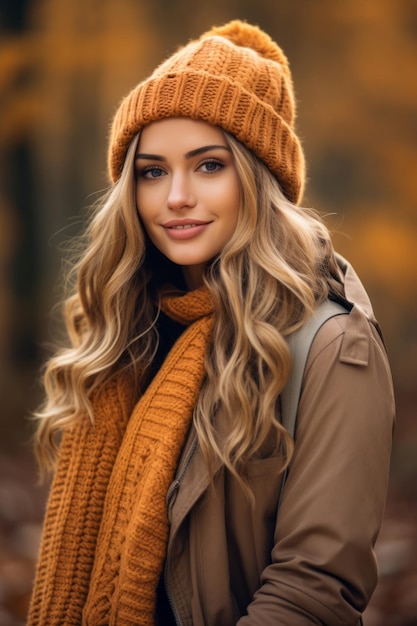 European woman in emotional dynamic pose on autumn background