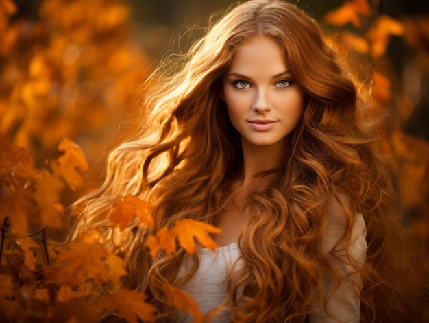 European woman in emotional dynamic pose on autumn background