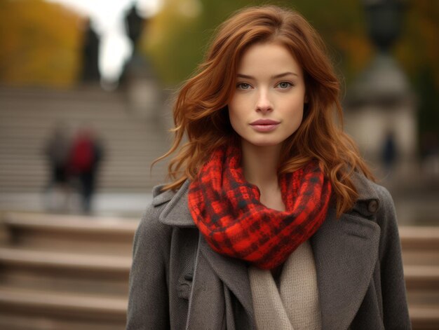 European woman in emotional dynamic pose on autumn background