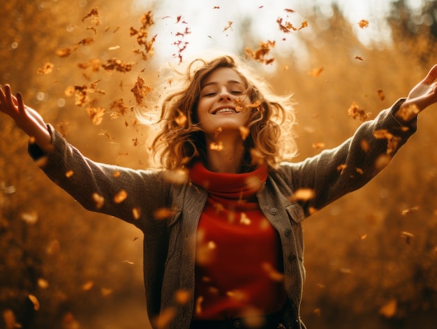 European woman in emotional dynamic pose on autumn background