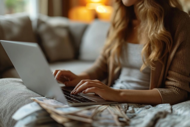 Photo european woman pays bills online via laptop