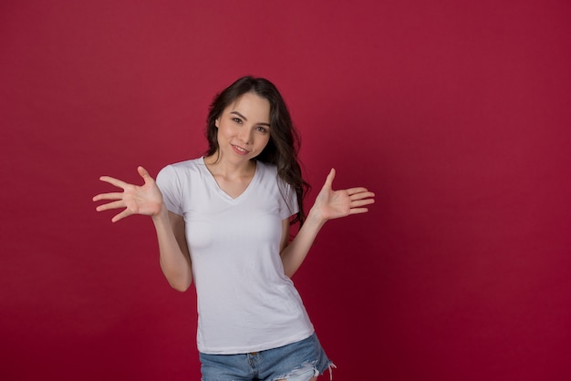 european woman on red wall, 