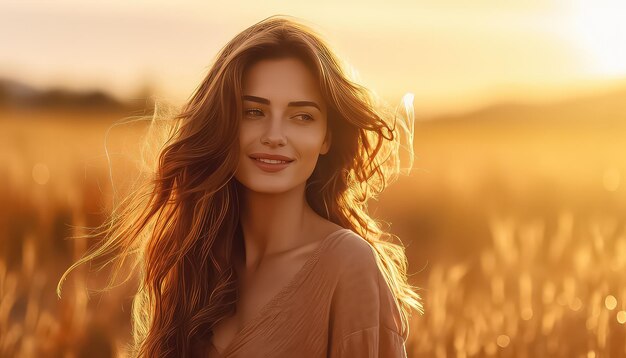 Photo european woman with wind in her hair in field at sunset spring concept