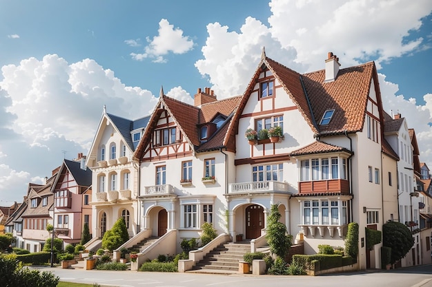 Europeanstyle houses on white sky background