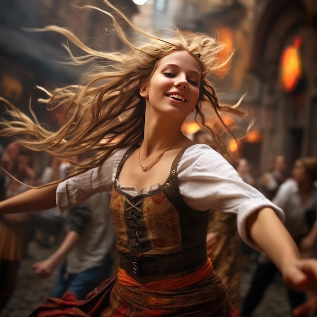 Europees meisje dat danst nationale dans in Europese kleren