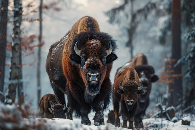 Europese bizons in een winterbos