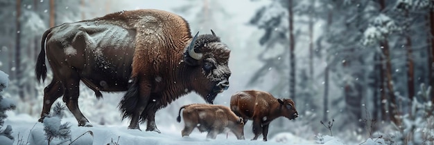 Europese bizons in een winterbos