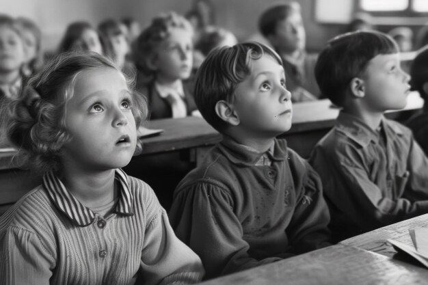 Foto europese kinderen nemen aandachtig deel aan de les op school