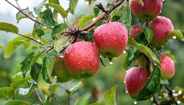 Europese krabappel of bosappelfruit Stelletje verse rijpe rode appels die aan een boomtak hangen