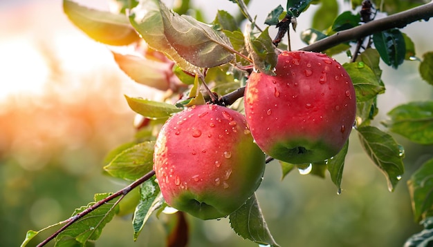 Europese krabappel of bosappelfruit Stelletje verse rijpe rode appels die aan een boomtak hangen