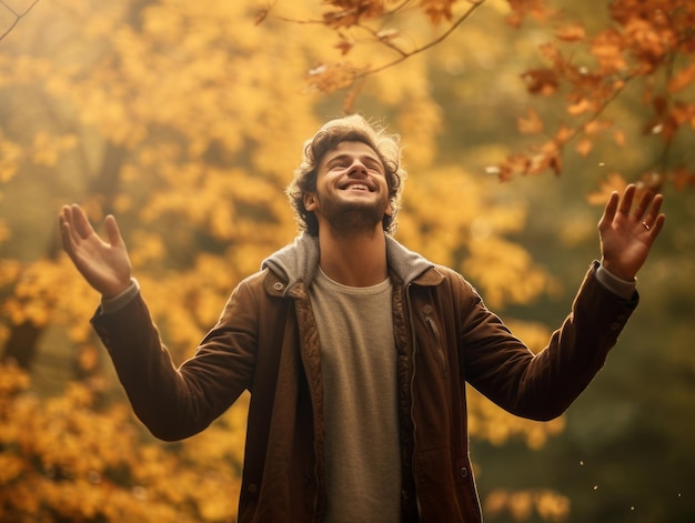 Europese man in emotionele dynamische pose op herfst achtergrond